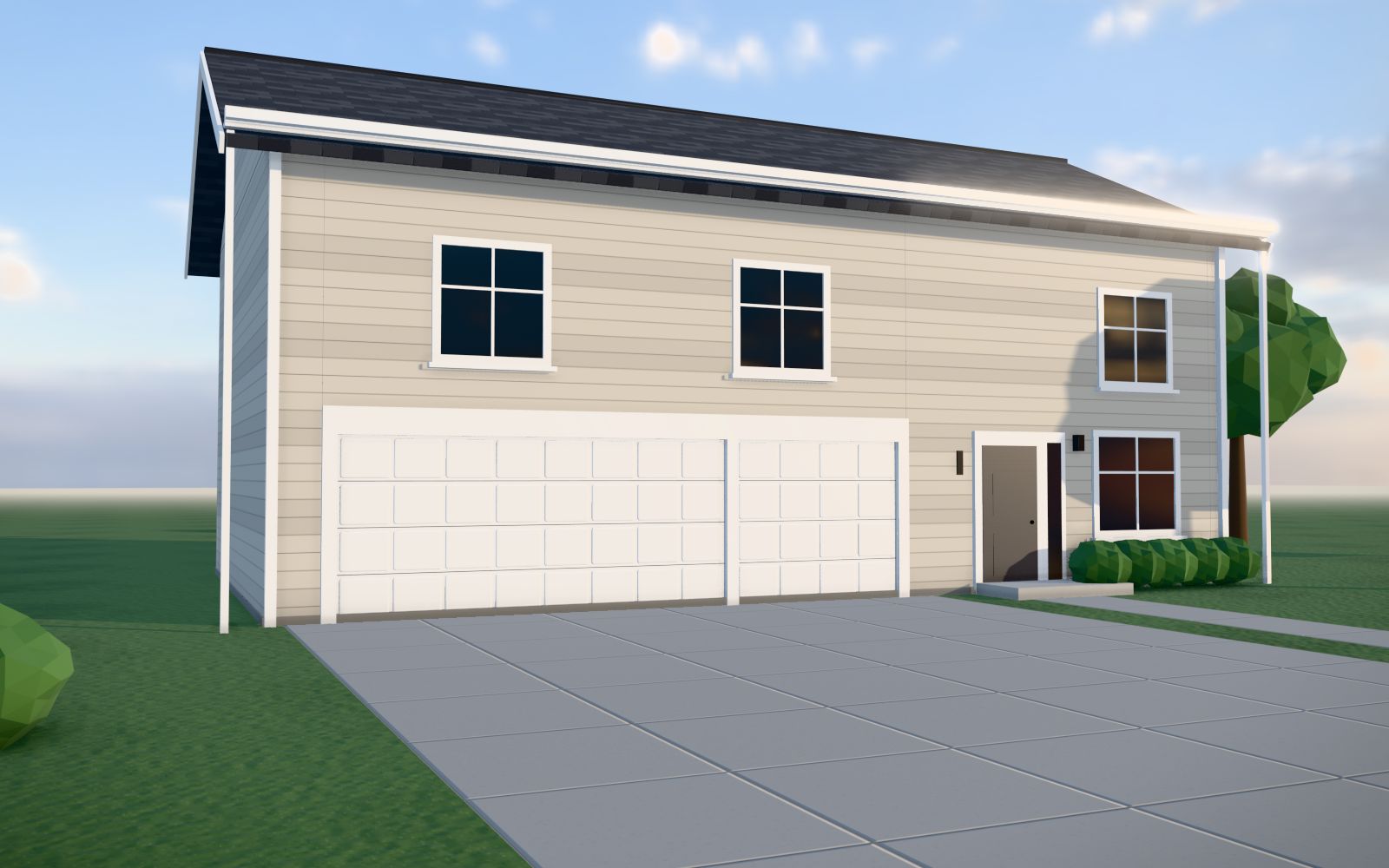 A two-storey house with two insulated sectional garage doors, shown in the Garage Doorman door designer
